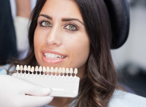 Woman getting dental veneers from cosmetic dentist