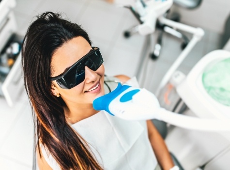 Woman getting professional teeth whitening from cosmetic dentist