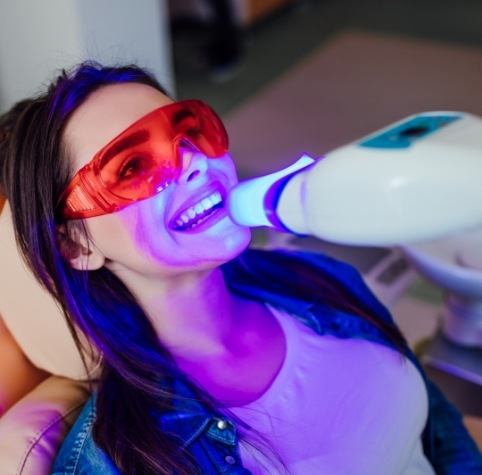 Woman receiving in-office teeth whitening treatment