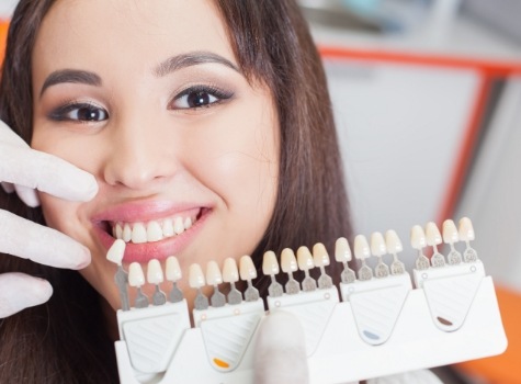 Dental patient with dentist holding row of veneers in front of her smile